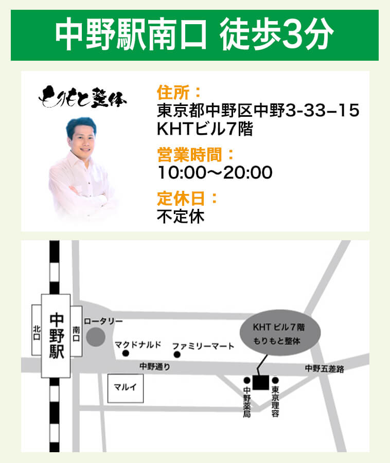 中野 内臓整体 骨格矯正 専門 肩こり腰痛はもりもと整体