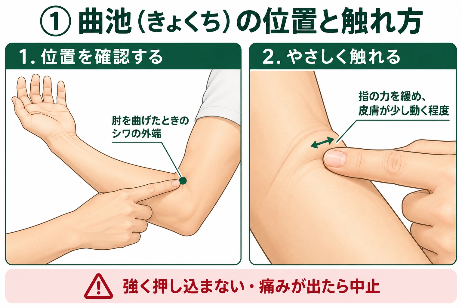 曲池の位置。肘を曲げたシワの外側の端に指を軽く当て、皮膚が少し動く程度に触れる図解。
