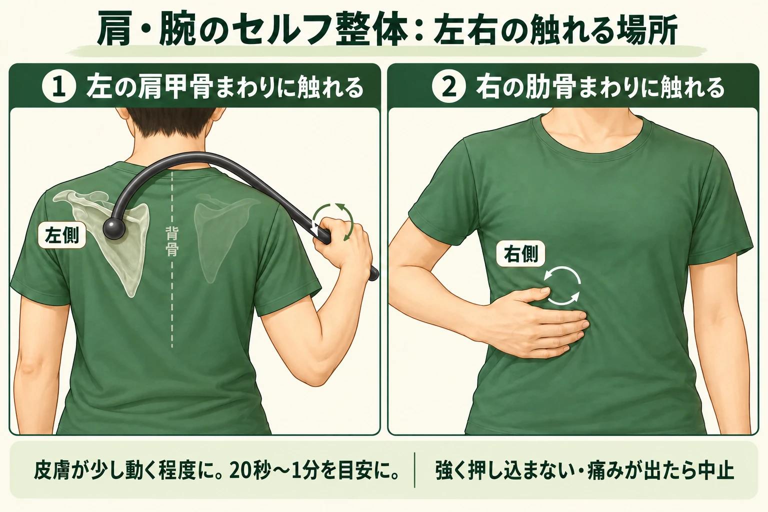 背骨と左右の肩甲骨の位置関係を示し、左の肩甲骨の骨の面に丸い先端の道具を軽く当てる図。右は肋骨の表面に手を添える方法。